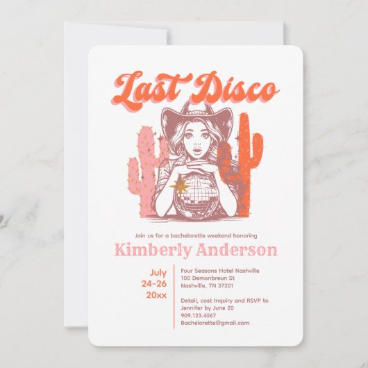 Retro Pink Cowgirl Last Disco Bachelorette Weekend Kaart (Voorkant)