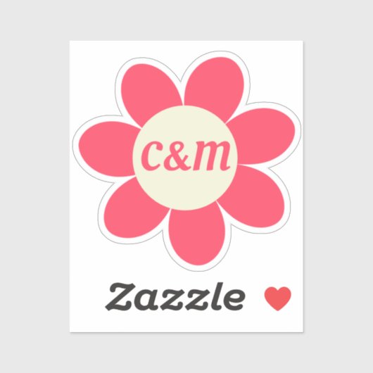 Retro Pink Daisy Floral 70's Bruiloft Monogram Sticker (Vel)