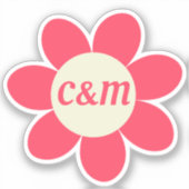 Retro Pink Daisy Floral 70's Bruiloft Monogram Sticker (Voorkant)