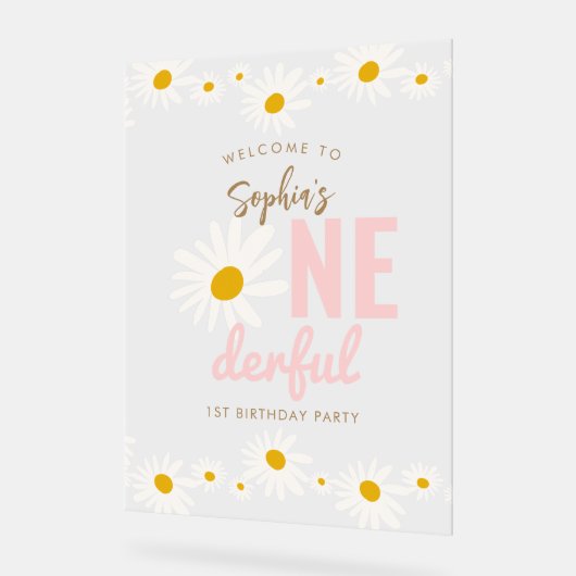 Retro Pink Daisy ONEderful 1st Birthday Party Acryl Bord (Hoek)