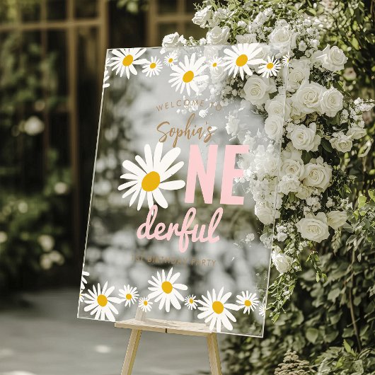 Retro Pink Daisy ONEderful 1st Birthday Party Acryl Bord