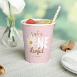 Retro Pink Daisy ONEderful 1st Birthday Party Papieren Bekers