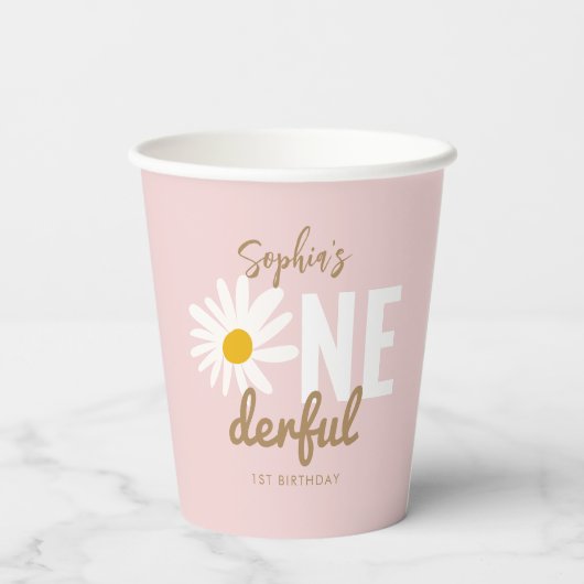 Retro Pink Daisy ONEderful 1st Birthday Party Papieren Bekers (Achterkant)