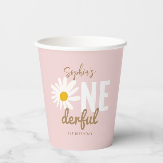 Retro Pink Daisy ONEderful 1st Birthday Party Papieren Bekers (Voorkant)