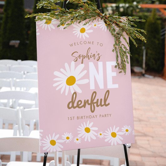 Retro Pink Daisy ONEderful 1st Birthday Party Poster