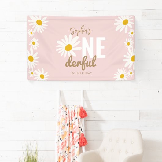 Retro Pink Daisy ONEderful 1st Birthday Party Spandoek (Insitu)