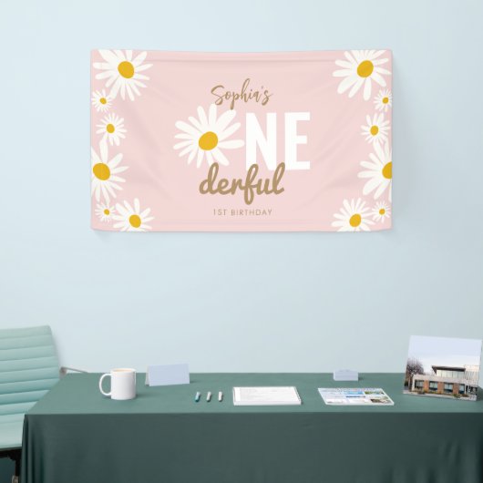 Retro Pink Daisy ONEderful 1st Birthday Party Spandoek (Beurs)