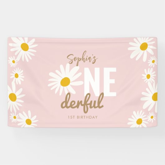 Retro Pink Daisy ONEderful 1st Birthday Party Spandoek (Horizontaal)