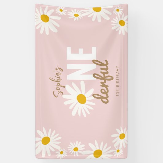Retro Pink Daisy ONEderful 1st Birthday Party Spandoek (Verticaal)
