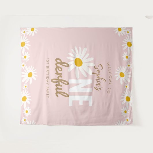 Retro Pink Daisy ONEderful 1st Birthday Party Wandkleed (Voorkant (horizontaal))