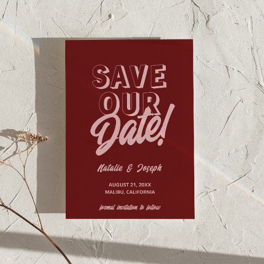 Retro Pink Deep Red Modern Boho Unique Wedding Save The Date