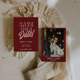 Retro Pink Deep Red Modern Unique Photo Wedding Save The Date