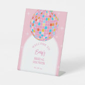 Retro Pink Disco Ball 70s Vrijgezellenfeest Welkom Reclamebord Met Voetstuk (Voorkant)