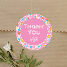 Retro Pink Disco Ball Meisje Baby shower Dank u Ronde Sticker