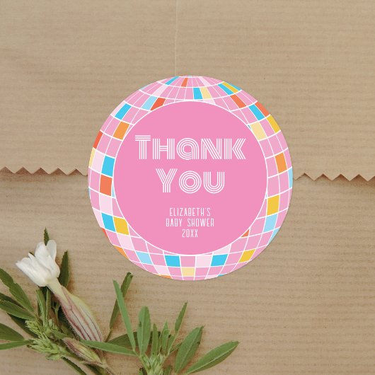 Retro Pink Disco Ball Meisje Baby shower Dank u Ronde Sticker