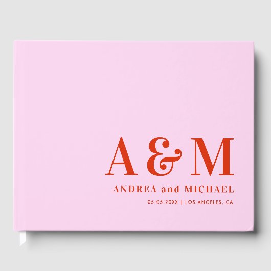 Retro Pink en Red Bold Monogram Seventies Weddensc Gastenboek (Voorkant)