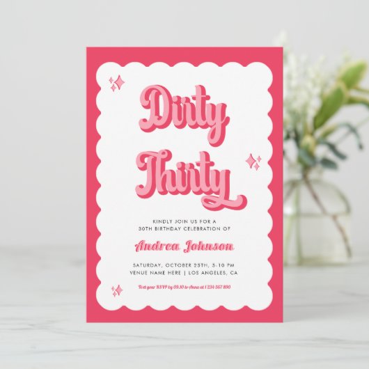 Retro Pink en Red Groovy Dirty Thirty Birthday Kaart (Staand voorkant)
