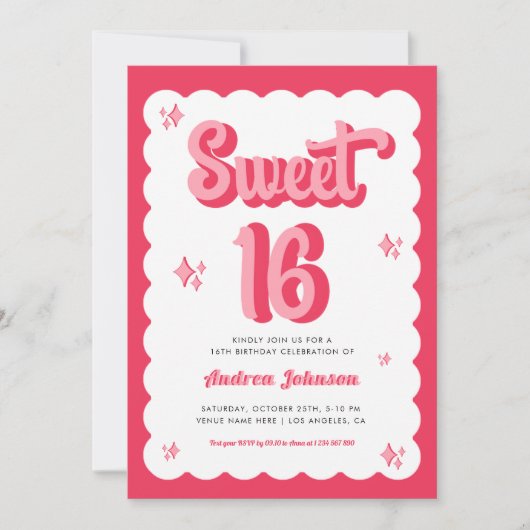 Retro Pink en Red Groovy Sweet 16 Birthday Kaart (Voorkant)