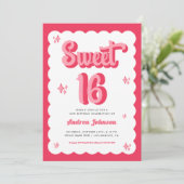 Retro Pink en Red Groovy Sweet 16 Birthday Kaart (Staand voorkant)