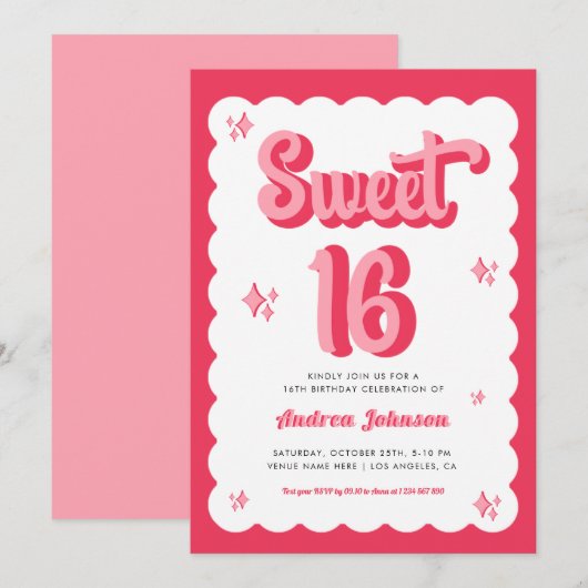 Retro Pink en Red Groovy Sweet 16 Birthday Kaart (Voorkant / Achterkant)