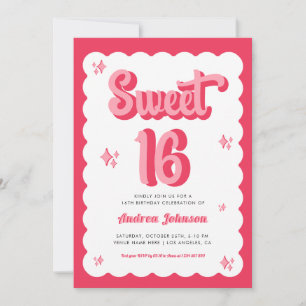 Retro Pink en Red Groovy Sweet 16 Birthday Kaart