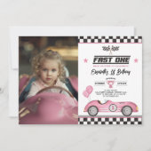 Retro Pink Fast One Race Car 1e Verjaardag Foto Kaart (Voorkant)