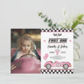 Retro Pink Fast One Race Car 1e Verjaardag Foto Kaart (Staand voorkant)