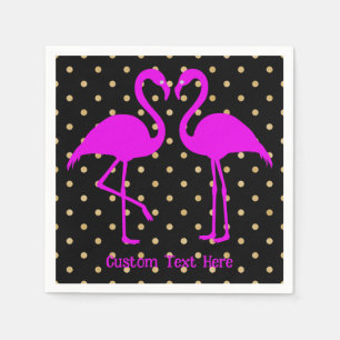 Retro Pink Flamingo Black Gold Polka Dot Pattern Servet