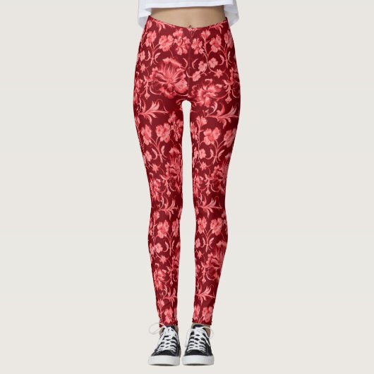 Retro Pink Floral op Maroon Leggings (Voorkant)