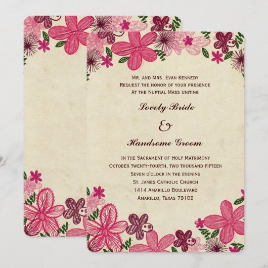 Retro Pink Flowers katholieke bruiloft Uitnodiging (Voorkant / Achterkant)