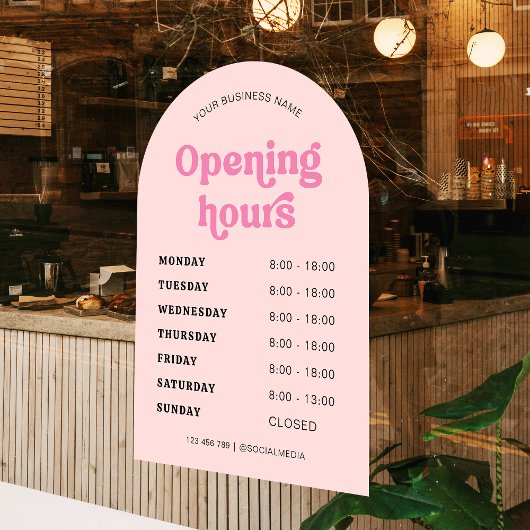 Retro Pink Font Trendy Arch Zakelijke Openingstijd Raamsticker