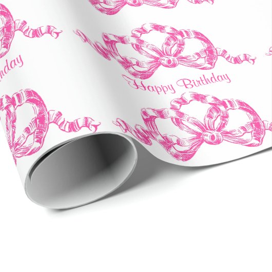 Retro Pink French Ribbon Bow Happy Birthday Cadeaupapier (Rol Hoek)