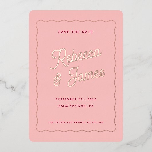 Retro Pink Fuchsia Wave Lijst Weddenschap Save Folie Uitnodiging (Voorkant)