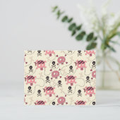 Retro Pink Girly Skull en Botten Briefkaart (Staand voorkant)