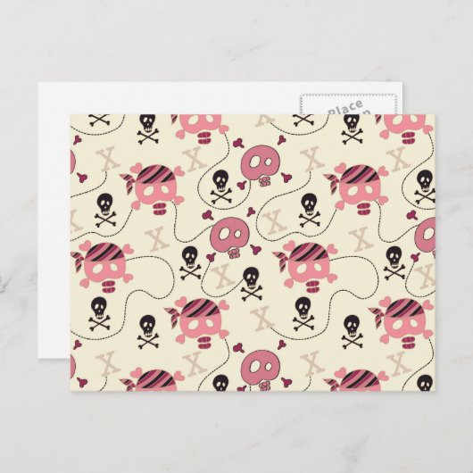 Retro Pink Girly Skull en Botten Briefkaart (Voorkant / Achterkant)