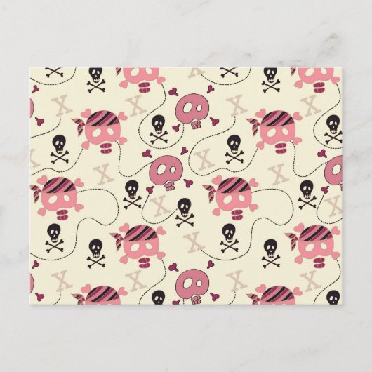 Retro Pink Girly Skull en Botten Briefkaart (Voorkant)