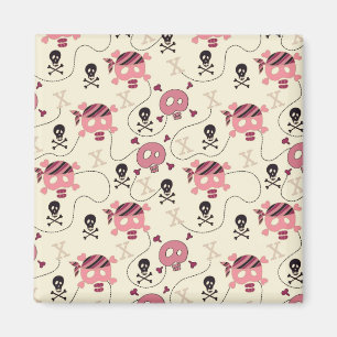 Retro Pink Girly Skull en Botten Magneet
