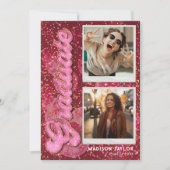 Retro Pink Glitter Disco Ball  2 Photo Graduation Aankondiging (Voorkant)