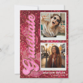 Retro Pink Glitter Disco Ball  2 Photo Graduation Aankondiging