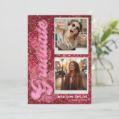 Retro Pink Glitter Disco Ball  2 Photo Graduation Aankondiging (Staand voorkant)