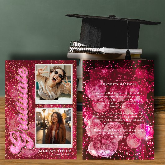 Retro Pink Glitter Disco Ball  2 Photo Graduation Aankondiging