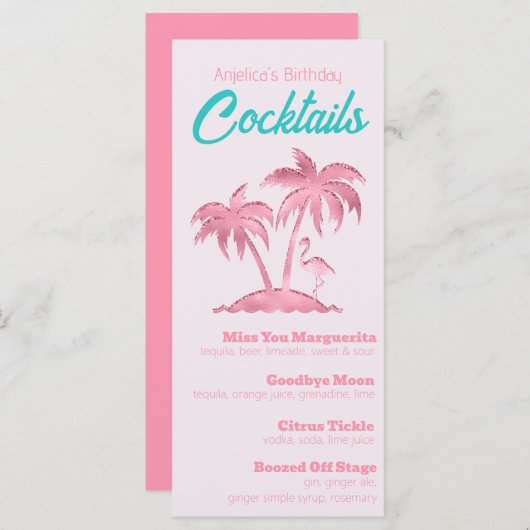 Retro Pink Glitter Flamingo en Palmbomen Menu (Voorkant / Achterkant)