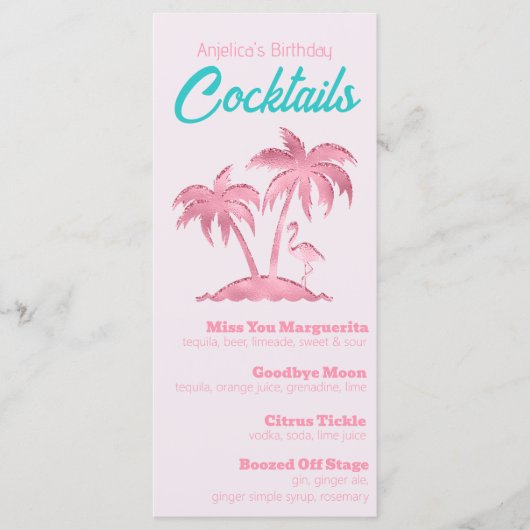 Retro Pink Glitter Flamingo en Palmbomen Menu (Voorkant)