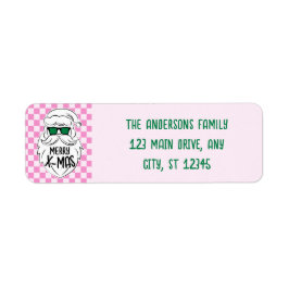 Retro Pink Green Checkered Santa Claus Christmas Etiket