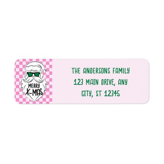 Retro Pink Green Checkered Santa Claus Christmas Etiket (Voorkant)