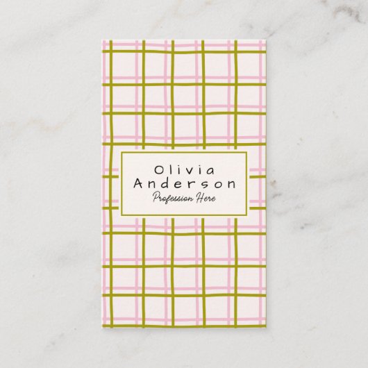 Retro Pink Green Checkered Stripes Trendy QR Code Visitekaartje (Voorkant)