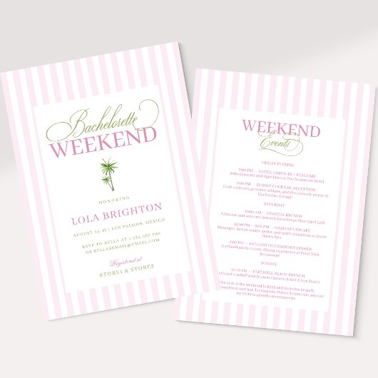 Retro Pink Green Palm Beach Bachelorette Itinerary Kaart