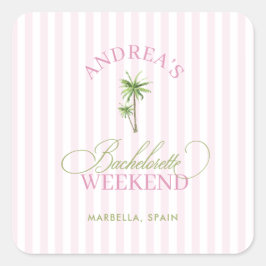 Retro Pink & Green Palm Tree Beach Bachelorette Vierkante Sticker