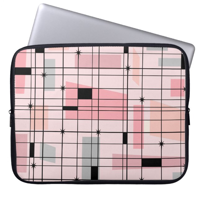 Retro Pink Grid en Starbursts Laptop Sleeve (Voorkant)