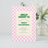 Retro Pink Groovy Checker Sweet 16 uitnodiging (Staand voorkant)